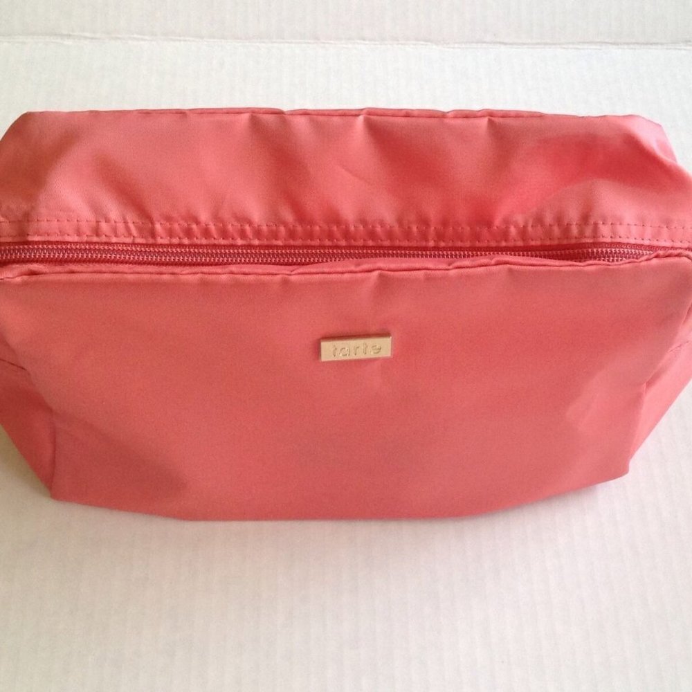 Tarte Cosmetics Coral Pink Nylon Makeup Bag Gold Logo Plate NEW